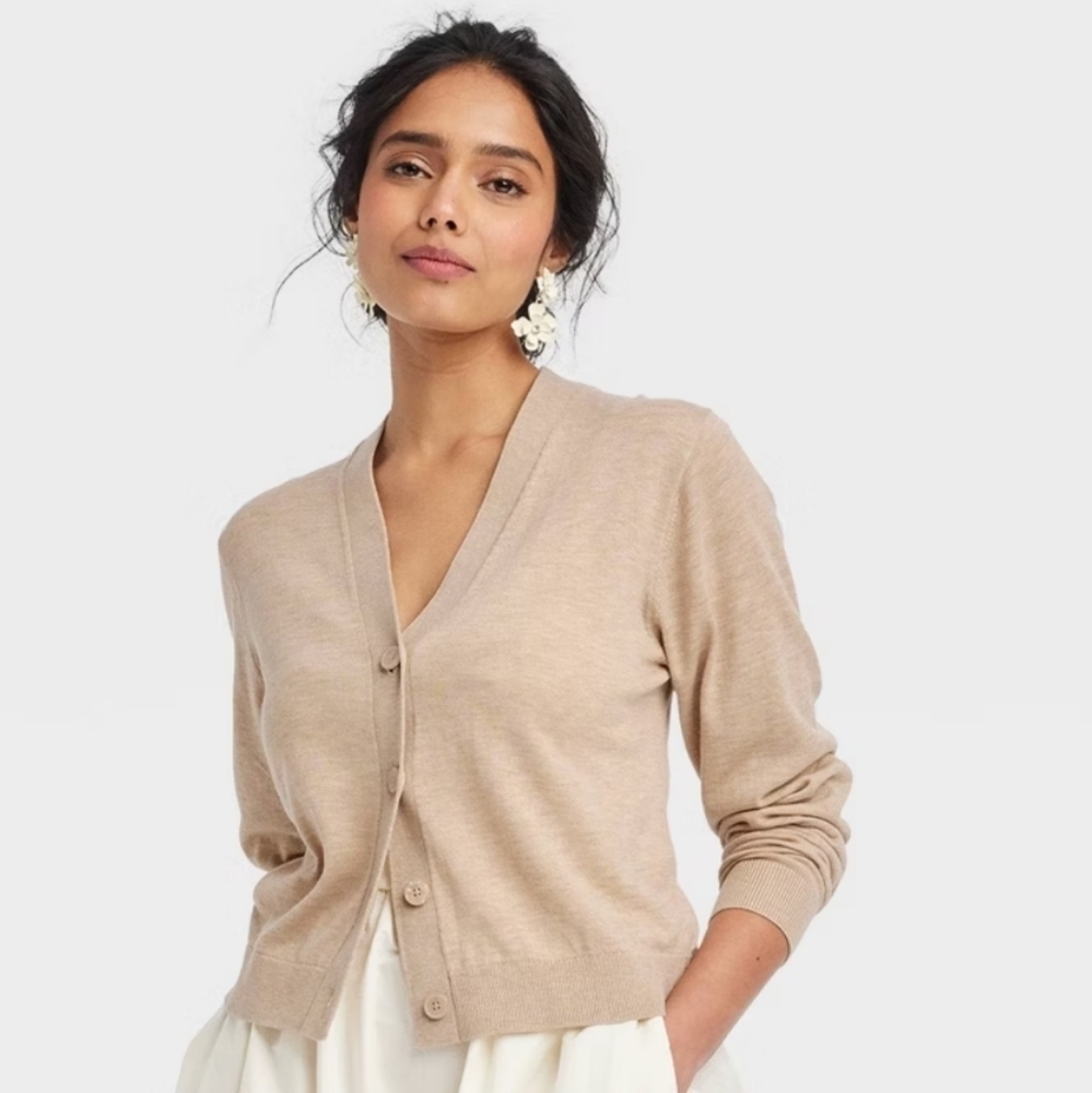 Women's Button-Front Cardigan - A New Day Camel S